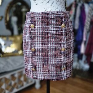 PrettyLittleThing Preppy Red Plaid Tweed Mini Skirt with Gold Buttons Size Small